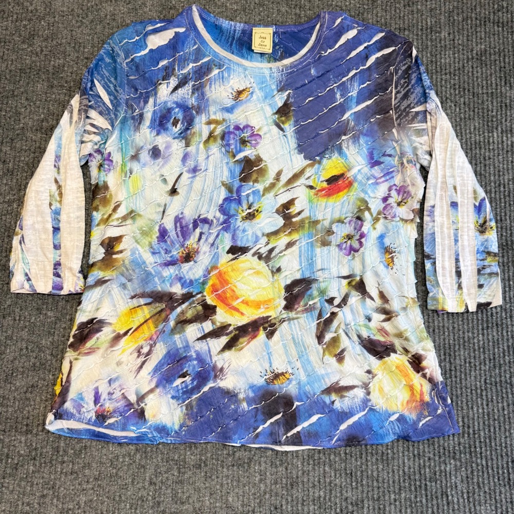 Jess & Jane Blue Floral Tunic Top Women's‎ Small 3/4 Sleeve Textured